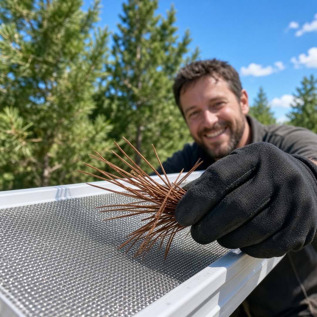 Hand holding pine needles over a micro-mesh gutter guard panel with the installer behind and pine trees in the background