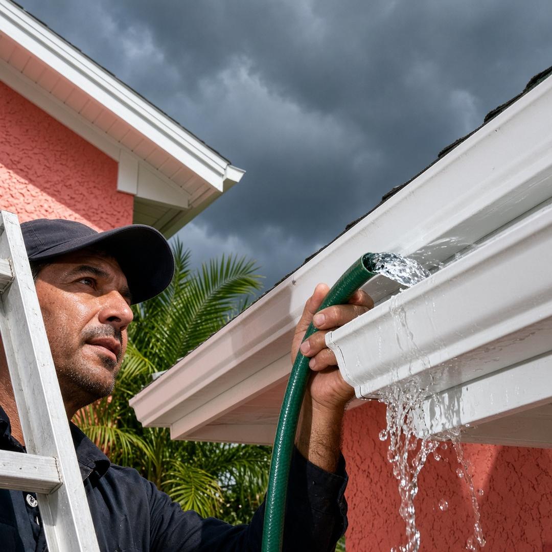 Installer checking and flushing gutters before storm season on a single-story Florida home under an overcast pre-storm sky