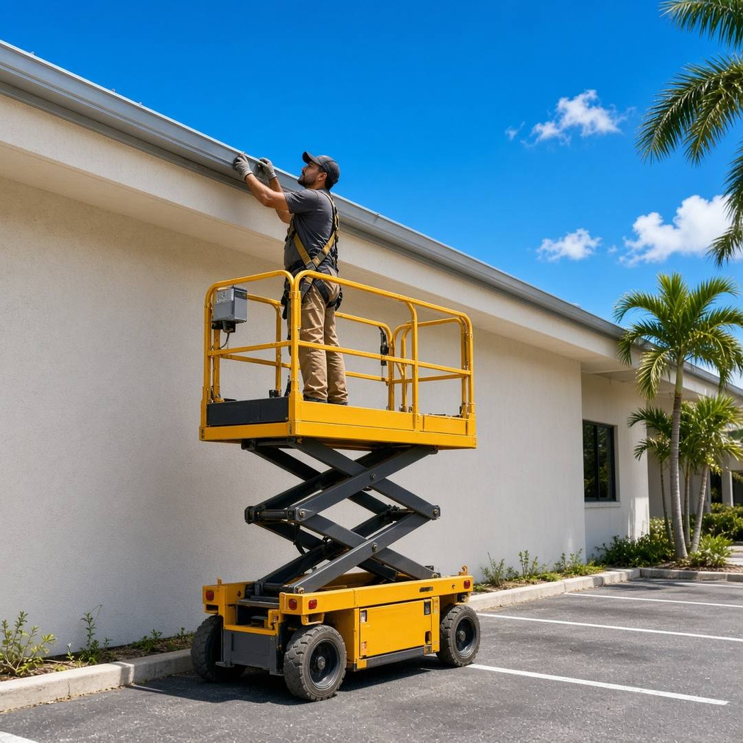 Installer fitting a wide box gutter along the roofline of a low-slope Palm Coast commercial building under a Florida sky