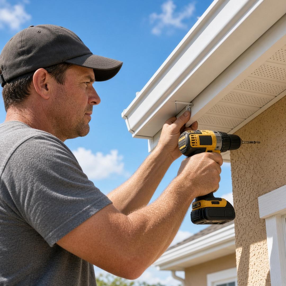 Installer screwing a hidden hanger into the fascia inside a seamless aluminum gutter on a stucco Palm Coast home